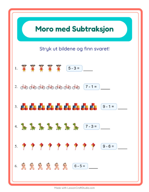 Forhåndsvisning av Subtraksjon-arbeidsark med Leker for Barnehage (5-7 år)