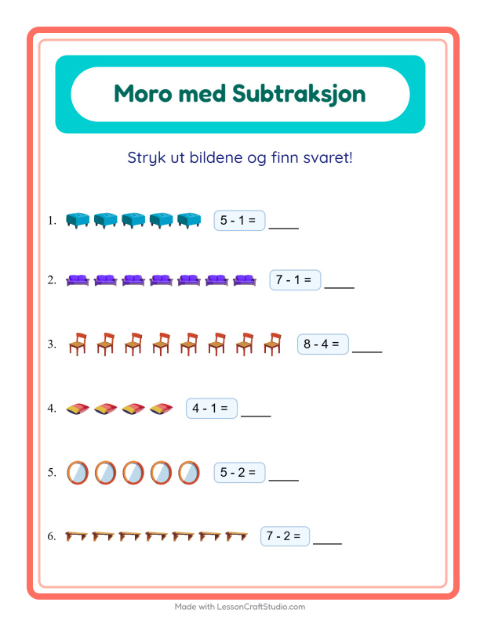 Forhåndsvisning av Subtraksjon-arbeidsark med Møbler for Barnehage (5-7 år)