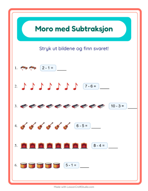 Forhåndsvisning av Subtraksjon-arbeidsark med Musikk for Barnehage (5-7 år)