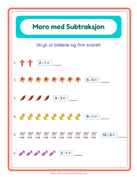 Forhåndsvisning av Subtraksjon-arbeidsark med Påske for Barnehage (5-7 år)