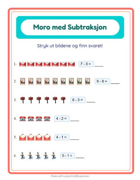 Forhåndsvisning av Subtraksjon-arbeidsark med Postkontor for Barnehage (5-7 år)