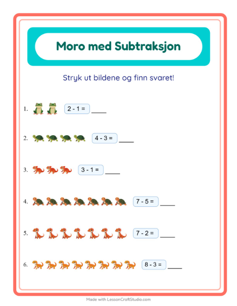 Forhåndsvisning av Subtraksjon-arbeidsark med Reptiler og amfibier for Barnehage (5-7 år)