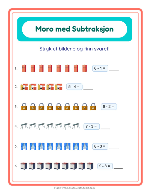 Forhåndsvisning av Subtraksjon-arbeidsark med Rundt i huset for Barnehage (5-7 år)