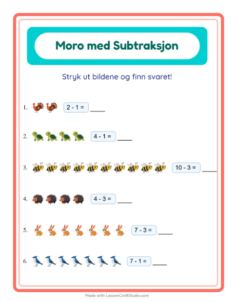 Forhåndsvisning av Subtraksjon-arbeidsark med Skogsdyr for Barnehage (5-7 år)