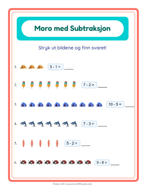 Forhåndsvisning av Subtraksjon-arbeidsark med Sommer for Barnehage (5-7 år)