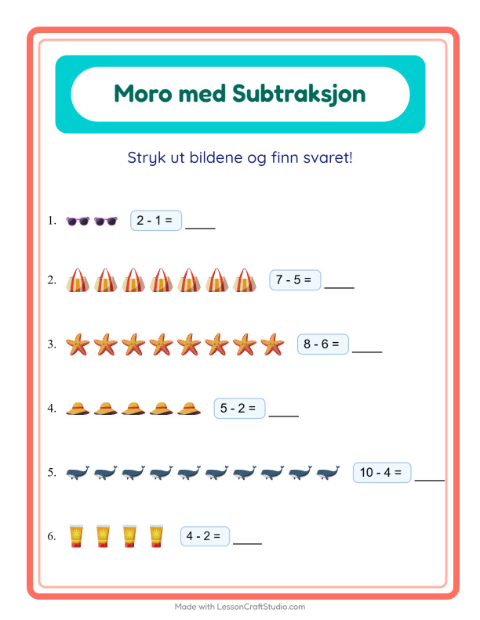 Forhåndsvisning av Subtraksjon-arbeidsark med Strand for Barnehage (5-7 år)