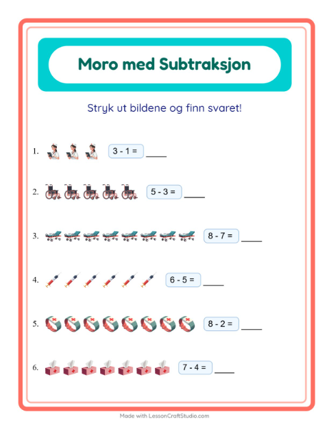 Forhåndsvisning av Subtraksjon-arbeidsark med Sykehus for Barnehage (5-7 år)