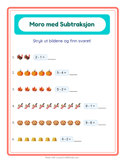 Forhåndsvisning av Subtraksjon-arbeidsark med Thanksgiving for Barnehage (5-7 år)