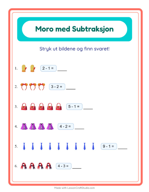Forhåndsvisning av Subtraksjon-arbeidsark med Tilbehør for Barnehage (5-7 år)