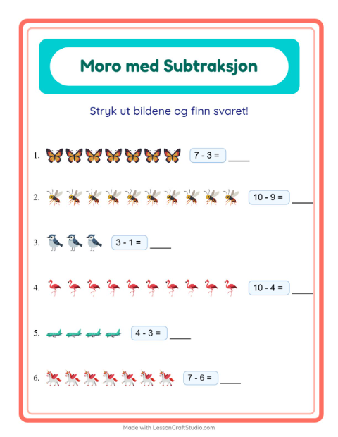 Forhåndsvisning av Subtraksjon-arbeidsark med Ting som flyr for Barnehage (5-7 år)