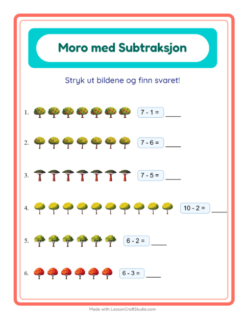 Forhåndsvisning av Subtraksjon-arbeidsark med Trær for Barnehage (5-7 år)