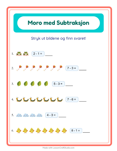 Forhåndsvisning av Subtraksjon-arbeidsark med Vår for Barnehage (5-7 år)