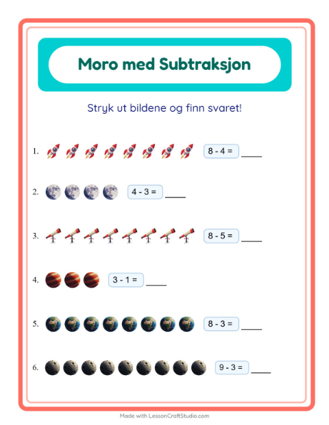 Forhåndsvisning av Subtraksjon-arbeidsark med Verdensrommet for Barnehage (5-7 år)