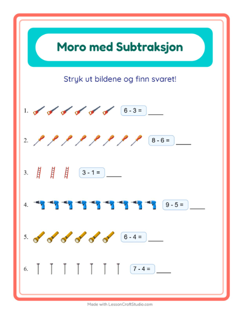 Forhåndsvisning av Subtraksjon-arbeidsark med Verktøy for Barnehage (5-7 år)