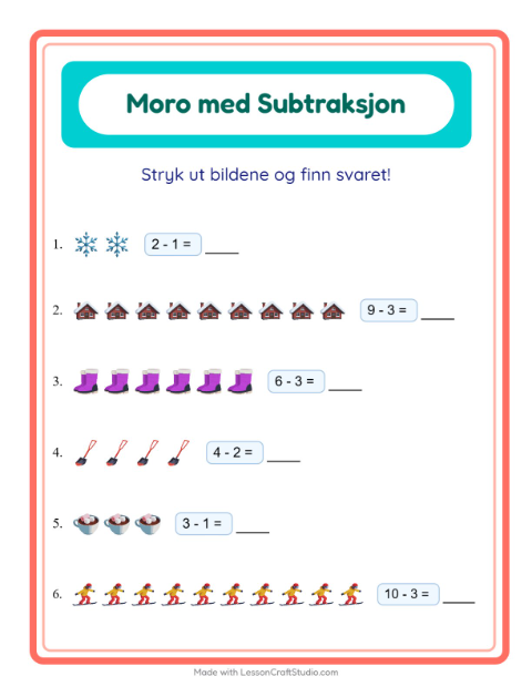 Forhåndsvisning av Subtraksjon-arbeidsark med Vinter for Barnehage (5-7 år)