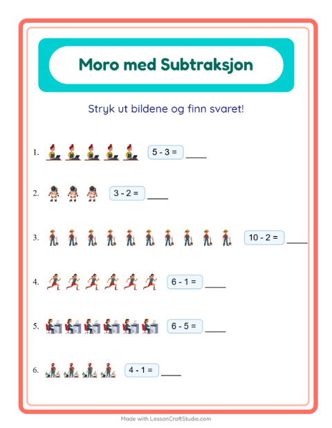Forhåndsvisning av Subtraksjon-arbeidsark med Yrker for Barnehage (5-7 år)