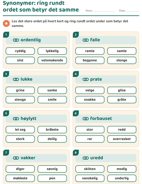 Forhåndsvisning av Synonymer-arbeidsark for 2. trinn