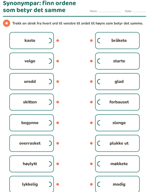 Forhåndsvisning av Synonymer-arbeidsark for 2. trinn