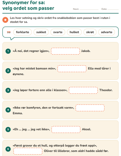 Forhåndsvisning av Synonymer-arbeidsark for 2. trinn