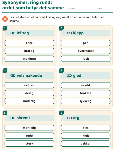 Forhåndsvisning av Synonymer-arbeidsark for 2. trinn