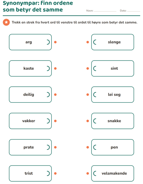 Forhåndsvisning av Synonymer-arbeidsark for 2. trinn