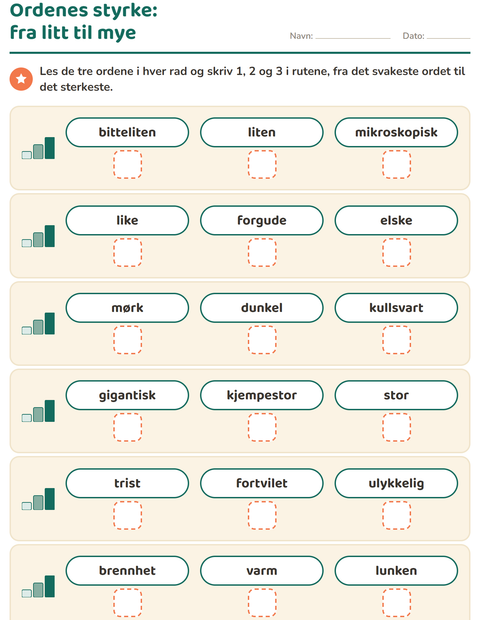 Forhåndsvisning av Synonymer-arbeidsark for 1. trinn