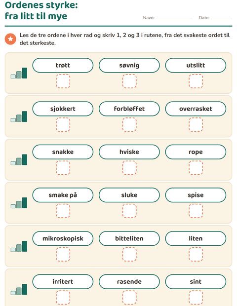 Forhåndsvisning av Synonymer-arbeidsark for 1. trinn