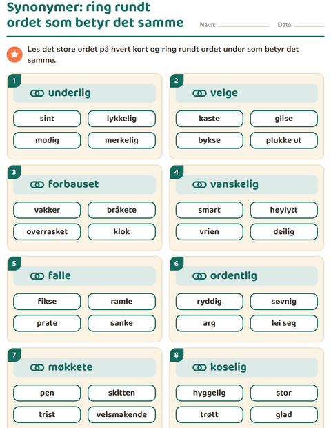 Forhåndsvisning av Synonymer-arbeidsark for 2. trinn