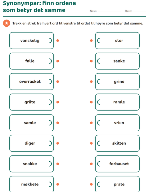 Forhåndsvisning av Synonymer-arbeidsark for 2. trinn