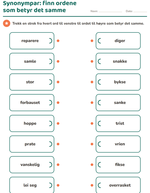 Forhåndsvisning av Synonymer-arbeidsark for 2. trinn