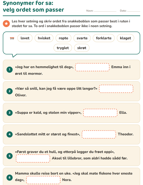 Forhåndsvisning av Synonymer-arbeidsark for 2. trinn