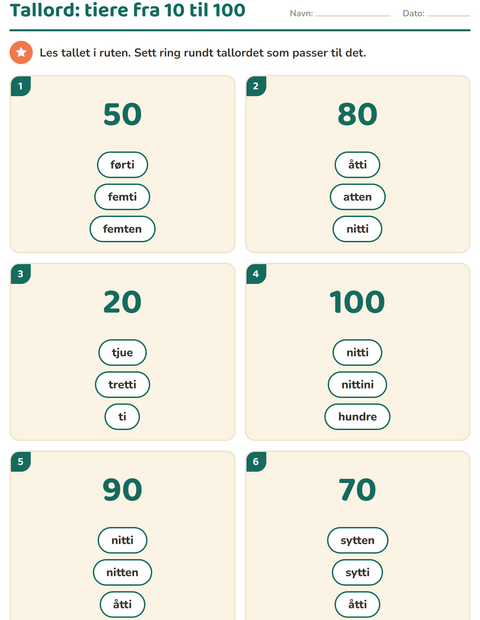 Tallord for tierne: fra 10 til 100