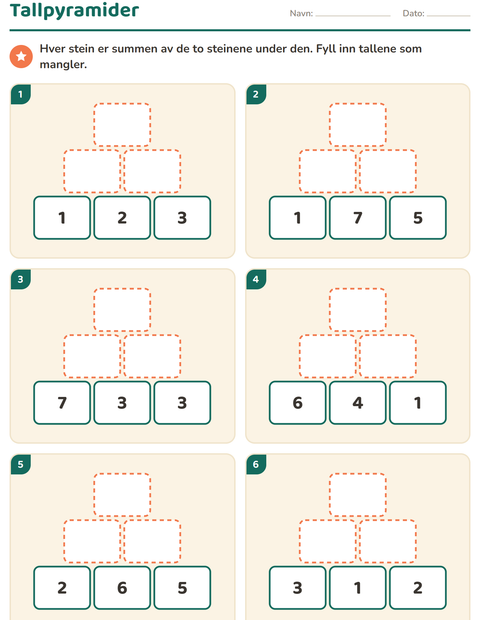 Forhåndsvisning av Tallpyramider-arbeidsark for 1. trinn
