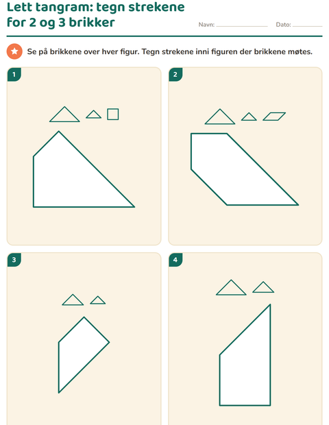 Lett tangram: tegn strekene for 2 og 3 brikker