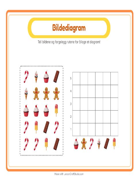 Forhåndsvisning av Tell I Diagram-arbeidsark med Desserter og godteri for Barnehage (5-7 år)