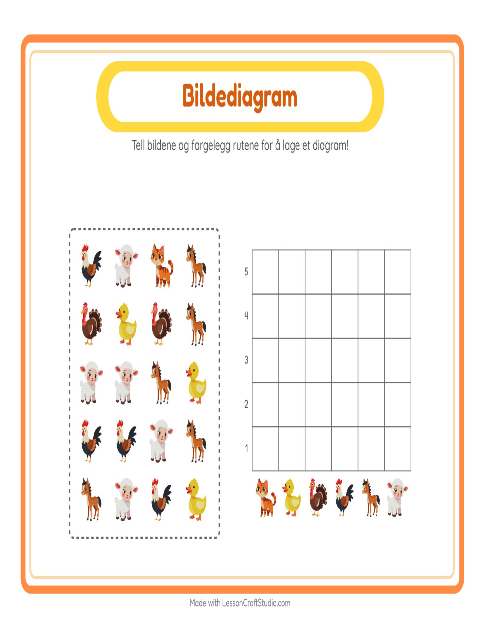 Forhåndsvisning av Tell I Diagram-arbeidsark med Gårdsdyr for Barnehage (5-7 år)