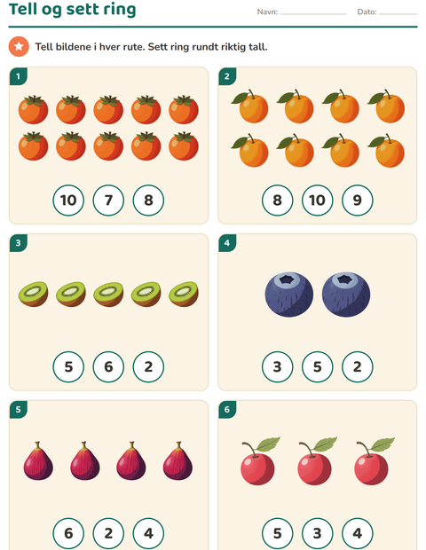 Forhåndsvisning av Telle bilder-arbeidsark med Frukter for Barnehage (5-7 år)