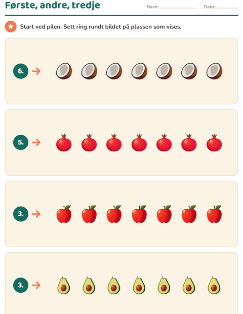 Forhåndsvisning av Telle bilder-arbeidsark med Frukter for Barnehage (5-7 år)