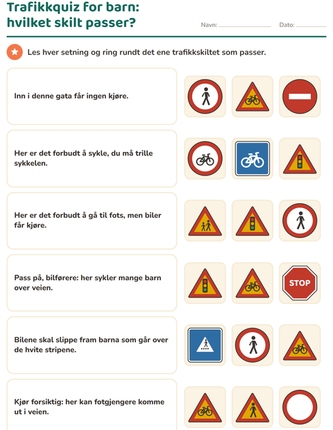 Forhåndsvisning av Trafikkquiz for barn: hvilket skilt passer?
