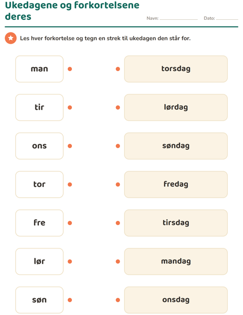 Forhåndsvisning av Ukedager og måneder-arbeidsark for 1. trinn