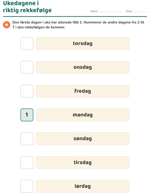 Forhåndsvisning av Ukedager og måneder-arbeidsark for Barnehage (5-7 år)