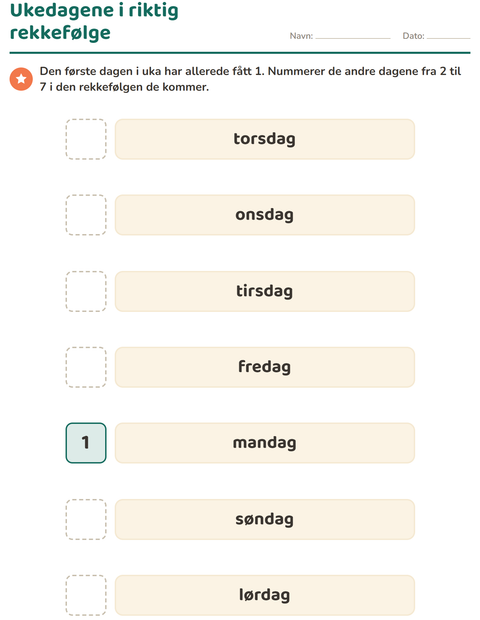 Ukedagene i riktig rekkefølge: nummerer de sju dagene fra 1 til 7