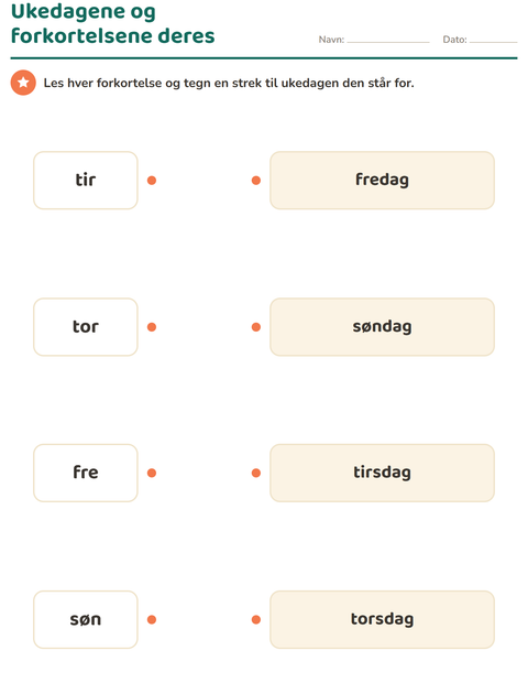 Forhåndsvisning av Ukedager og måneder-arbeidsark for 1. trinn