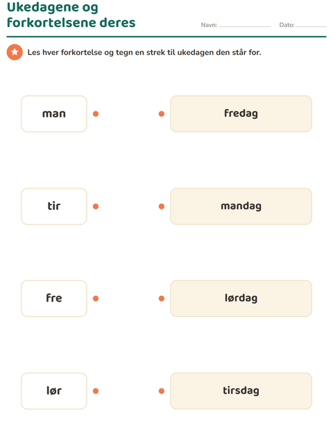 Forhåndsvisning av Ukedager og måneder-arbeidsark for 1. trinn