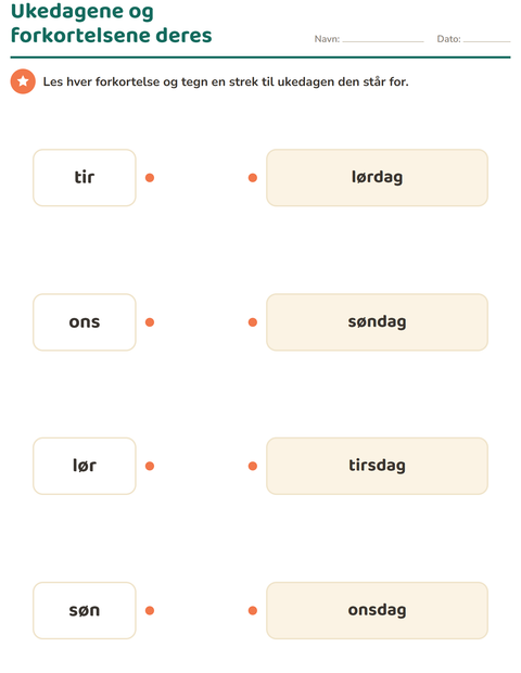 Forhåndsvisning av Ukedager og måneder-arbeidsark for 1. trinn