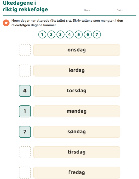 Forhåndsvisning av Ukedager og måneder-arbeidsark for Barnehage (5-7 år)