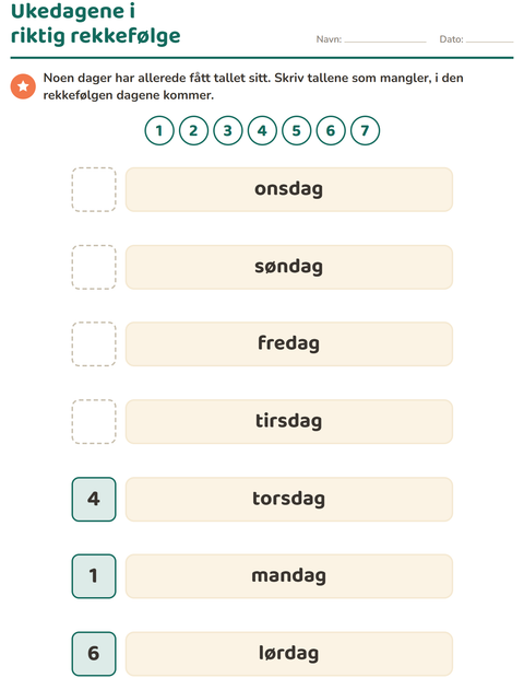 Forhåndsvisning av Ukedager og måneder-arbeidsark for Barnehage (5-7 år)