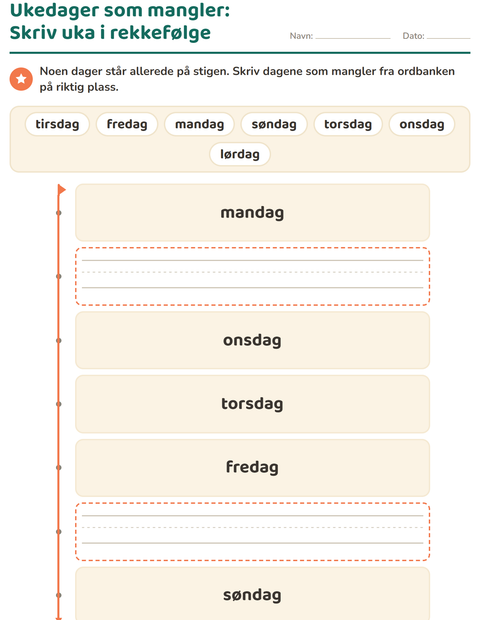 Forhåndsvisning av Ukedager og måneder-arbeidsark for Barnehage (5-7 år)