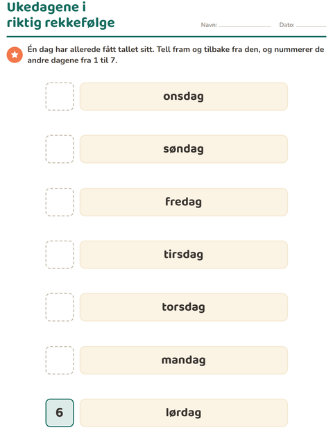 Forhåndsvisning av Ukedager og måneder-arbeidsark for Barnehage (5-7 år)