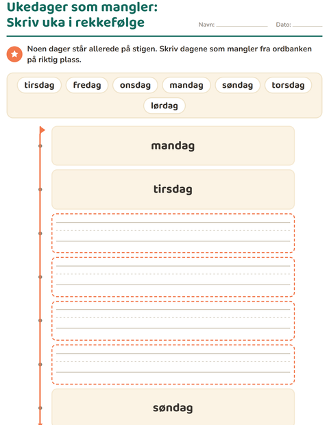 Forhåndsvisning av Ukedager og måneder-arbeidsark for Barnehage (5-7 år)